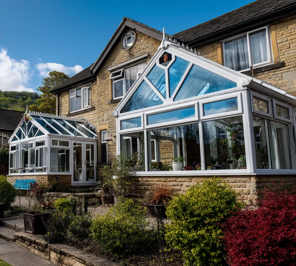 Glass roofs and windows on white-framed conservatories beside a stone house