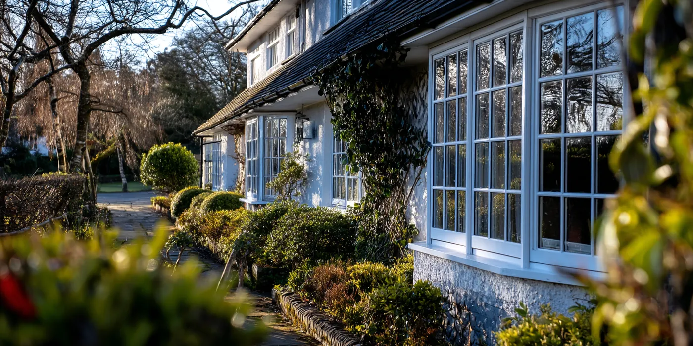 Row of white multi-pane windows on period houses