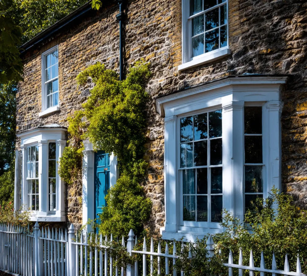 White sash and bay windows on a stone house with a blue front door