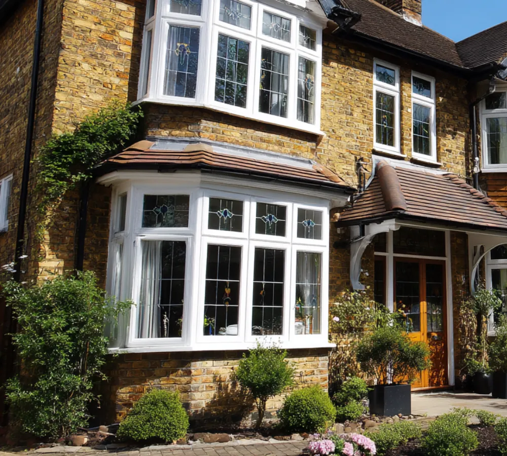 Clean white-framed bay windows on a yellow-brick house
