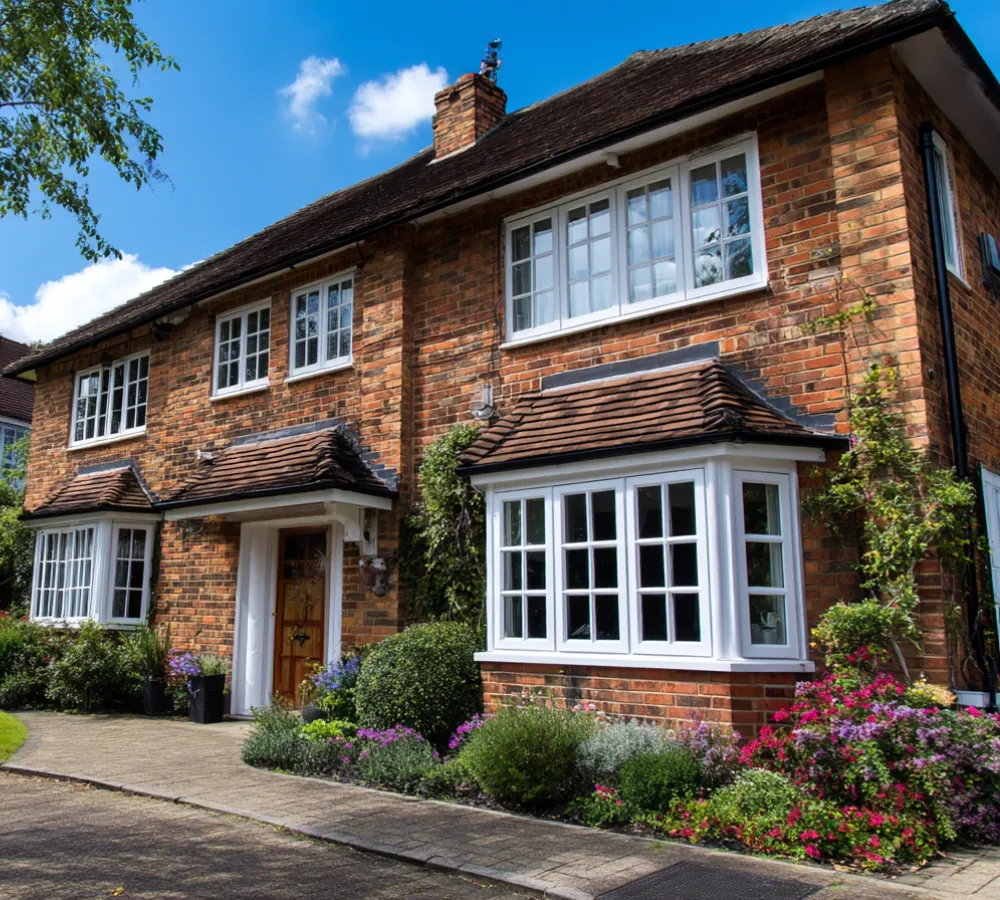 White bay and upstairs windows on a two-storey brick house